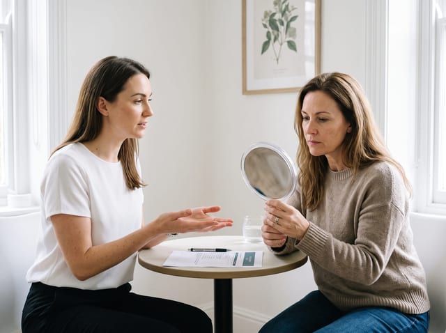 A consultant and client talking with a hand mirror at a small table.