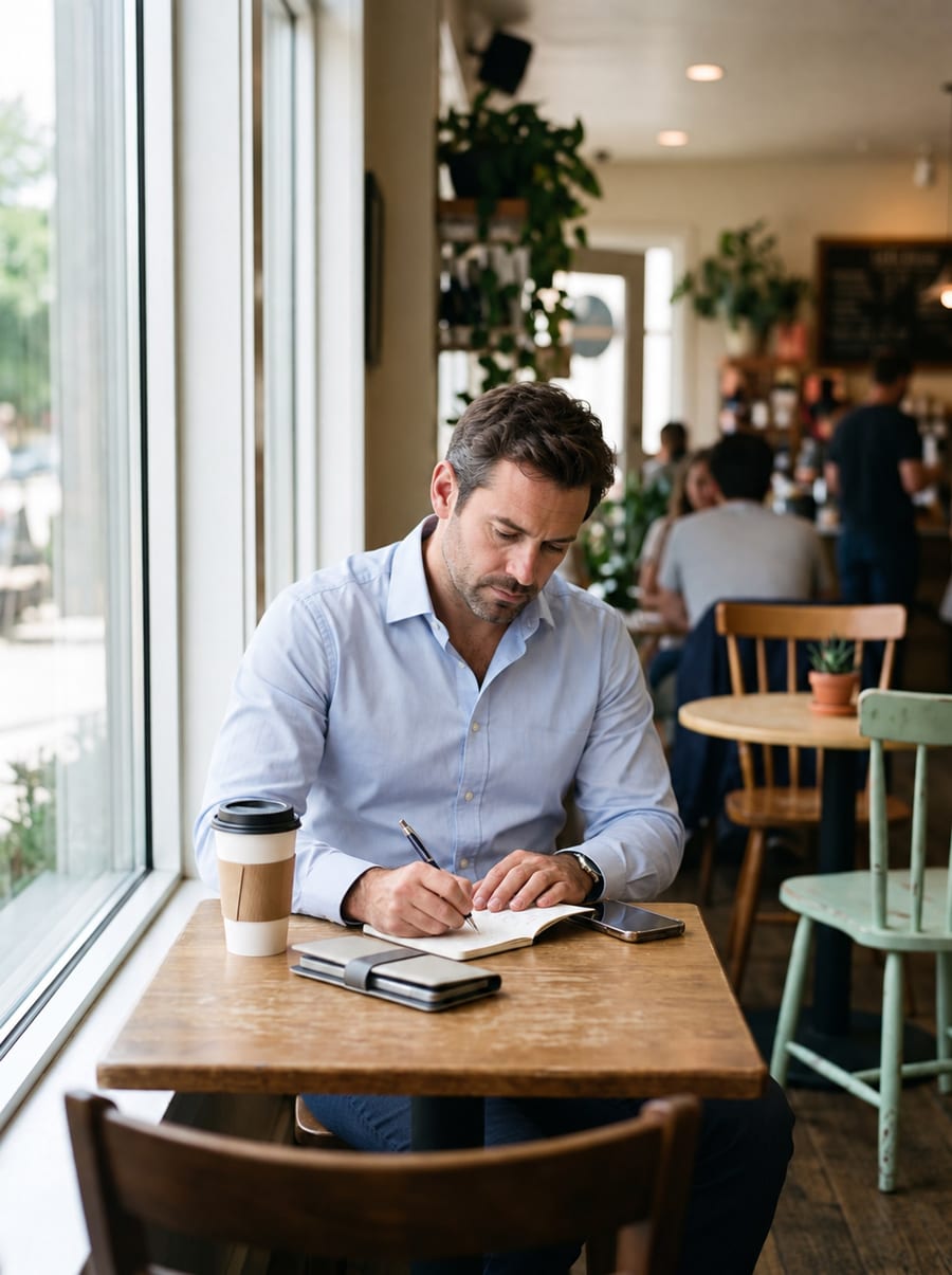 A male rep in a crisp button-down shirt making notes at a coffee shop between appointments.