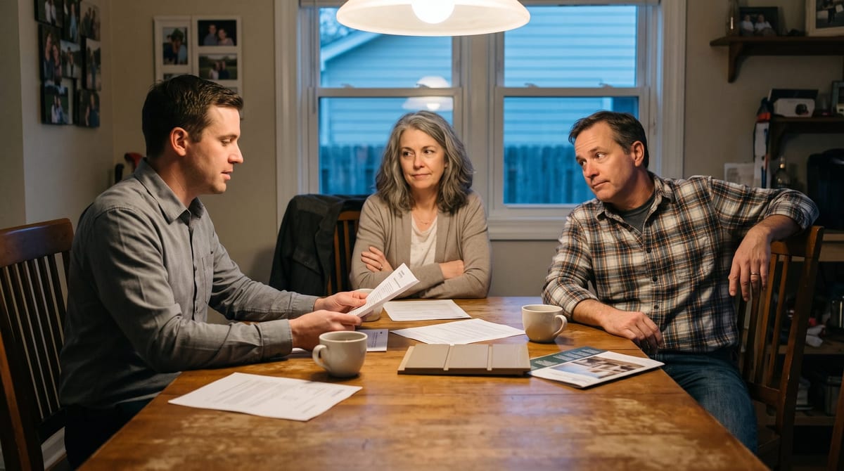 A rep walking homeowners through a proposal at their table.